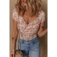 Orange Short Sleeve Floral Ruched Sweetheart Bodysuit - L thumbnail