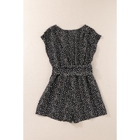 Black Leopard Print Belted V Neck Short Sleeve Romper - M thumbnail