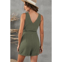Green Button V Neck Romper with Belt - L thumbnail