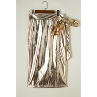 Gold Metallic Leather Knotted Wrap Midi Skirt - S thumbnail