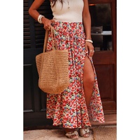 Red Floral Print Wide Waistband Side Slit Maxi Skirt - XL thumbnail