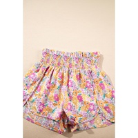 Pink Boho Floral Shirred High Waist Casual Shorts - L thumbnail
