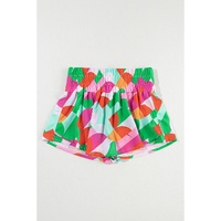 Green Abstract Print Smock Waist Casual Shorts - L thumbnail