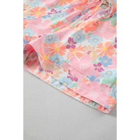 Pink Floral Print Side Pockets Drawstring Casual Shorts - M thumbnail