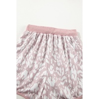 Khaki Classic Leopard Arched Hem Elastic Waist Casual Shorts - L thumbnail