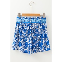 Blue Floral Print Pocketed Front Knot High Waist Casual Shorts - L thumbnail