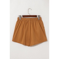 Khaki Embroidered Boho Tasseled Drawstring Elastic Waist Casual shorts - S thumbnail
