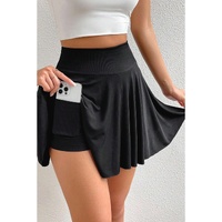 Black A-line Draped High Waist Phone Pocket Lined Skort - S thumbnail