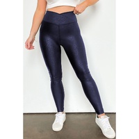 Navy Blue Crossed Dip Waist Sleek Leather Leggings - M thumbnail