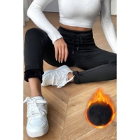 Black Solid Drawstring Waist Thermal Lined Leggings - L thumbnail