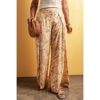 Yellow Floral Print High Slit Wide Leg Pants - L thumbnail