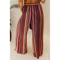 Red Boho Ethnic Striped Print Tie Waist Wide Leg Pants - S thumbnail