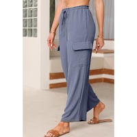 Dark Grey Drawstring Frilled Waist Wide Leg Utility Trousers - L thumbnail