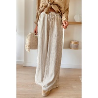 Khaki Stripe Print Wide Leg Drawstring Pants - XL thumbnail