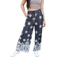 Black Bohemian Printed Drawstring Waist Wide Leg Pants - M thumbnail