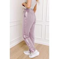 Orchid Petal Drawstring Waist Satin Stripe Patch Straight Leg High Waist Pants - L thumbnail