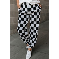 Black Checkerboard Elastic Waist Pocketed Joggers - M thumbnail