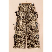 Brown Leopard Print Bow Tie Drawstring Elastic Waist Loose High Waist Pants - L thumbnail