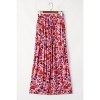 Purple Floral Wide Leg Elastic High Waist Pants - L thumbnail