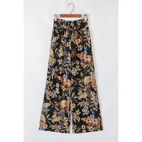 Multicolour Floral Shirred High Waist Wide Leg Pants with Tie - L thumbnail