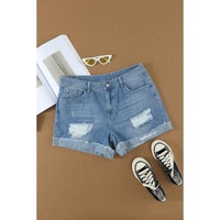 Azura Exchange Distressed Ripped Rolled Hem Sky Blue Denim Shorts - M thumbnail