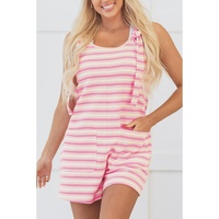 Pink Stripe Knotted Strap Patched Pocket Romper - L thumbnail