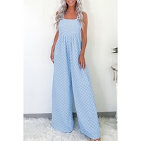 Beau Blue Checkered Pocketed High Waist Wide Leg Overall - S thumbnail