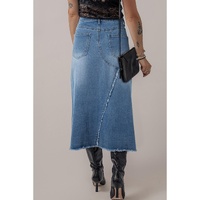 Light Blue Frayed Slit Asymmetric Denim Midi Skirt - XL thumbnail