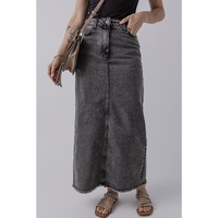 Dark Grey Denim Raw Hem Back Split High Waist Long Skirt - L thumbnail