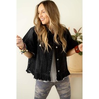 Black Raw Edge Ruffled Short Sleeve Denim Jacket - M thumbnail