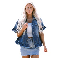 Peacock Blue Raw Edge Ruffled Short Sleeve Denim Jacket - S thumbnail