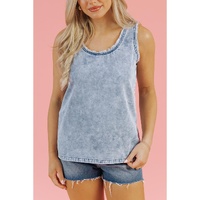 Beau Blue Mineral Wash Denim Frayed U Neck Sleeveless Top - XL thumbnail