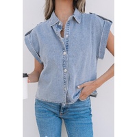 Dusk Blue Denim Pinup Folded Cap Sleeve Shirt - L thumbnail