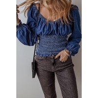 Dark Blue Smocked Ruffled Puff Sleeve V Neck Denim Blouse - XL thumbnail