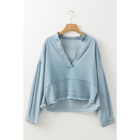 Beau Blue Light Wash Exposed Stitching Raw Hem V Neck Denim Top - L thumbnail