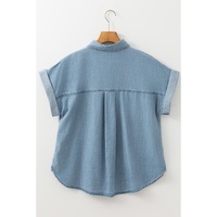 Dusk Blue Folded Short Sleeve Patched Pocket Denim Shirt - M thumbnail