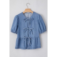 Dusk Blue Tied Front Bubble Sleeve Peplum Denim Shirt - S thumbnail