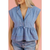 Dusk Blue Lapel Denim Babydoll Top - S thumbnail