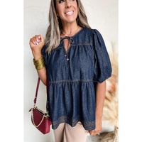 Sail Blue Puff Sleeve Lace-up Neckline Splicing Denim Blouse - XL thumbnail