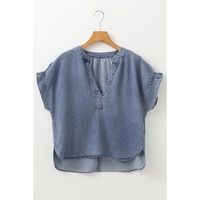 Dusk Blue V Neck Ruffled Short Puff Sleeve Denim Top - L thumbnail