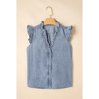 Beau Blue Frilly Ruffle Trim V Neck Chambray Tank Top - L thumbnail