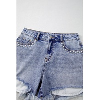 Beau Blue Pearl Studded Pockets Raw Hem Denim Shorts - 8 US thumbnail