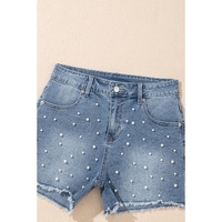 Dusk Blue Pearl Beaded Raw Hem Medium Wash Denim Shorts - 8 US thumbnail