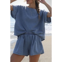 Light Blue Denim Cuffed Sleeve Tee Elastic Shorts Set - L thumbnail