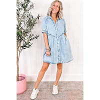 Beau Blue Mineral Wash Ruffled Short Sleeve Buttoned Denim Dress - S thumbnail