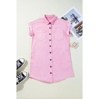 Pink Short Sleeve Double Chest Pocket Denim Shirt Dress - M thumbnail