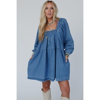 Dusk Blue Square Neck Side Pockets Loose Fit Denim Mini Dress - M thumbnail
