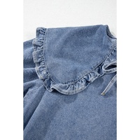 Dusk Blue Ruffled Collared Side Pockets Puff Sleeve Denim Mini Dress - L thumbnail