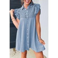 Beau Blue Flutter Sleeve Shirred Detail Button Up Denim Mini Dress - S thumbnail