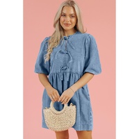 Dusk Blue Bowknot Bubble Sleeve Short Denim Dress - M thumbnail